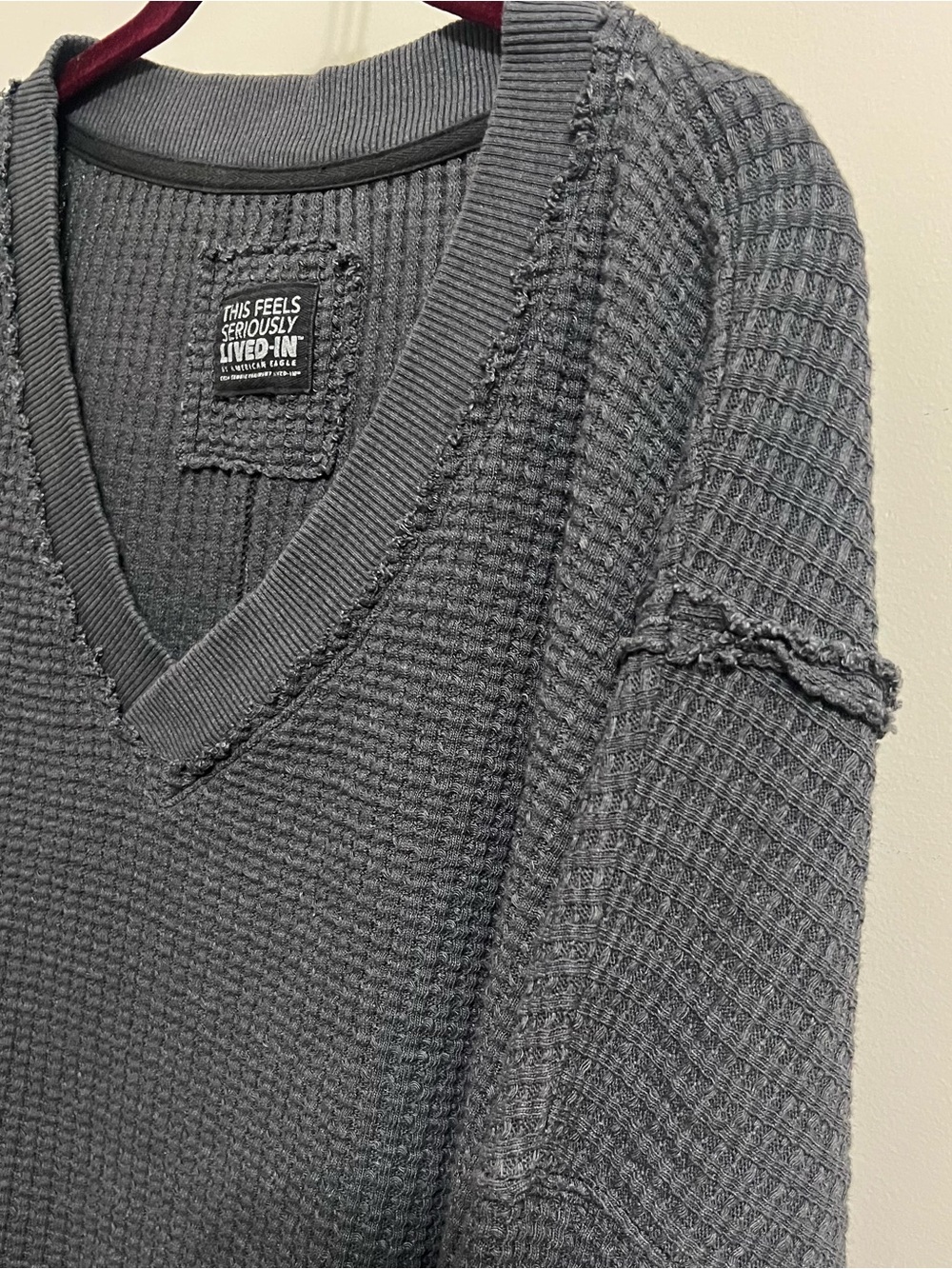American Eagle Oversized Big Hug Waffle Sweatshirt XL V Neck Slouchy Distressed - Picture 8 of 13
